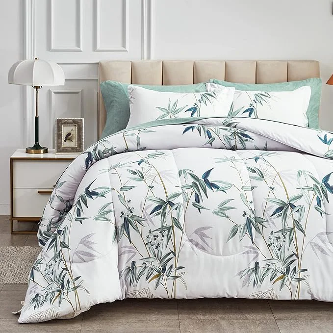 Exclusive 6 Pieces Bed in a Bag Twin Comforter Set with Sheets Green Leaves on White Botanical Design Bedding Sets for Kids 1 Comforter 2 Pillow Shams 1 Flat Sheet 1 Fitted Sheet 1 Pillowcases Efficient