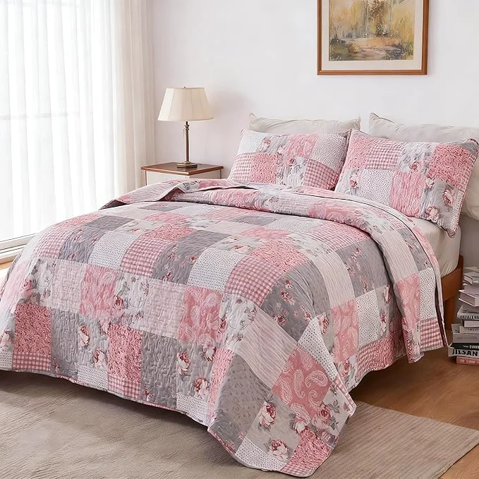 Proven Oversized King Size Pink Grey Floral Quilt Set 128×120 Plaid Patchwork Extra Wide Super King Size Comforter Rversible Quilted Bedspread Coverlet Set 3-Piece Bedding Set Bed Cover with 2 Pillow Shams Oversized King Quilt Pink Plaid Quilt Set 128×120… Quality