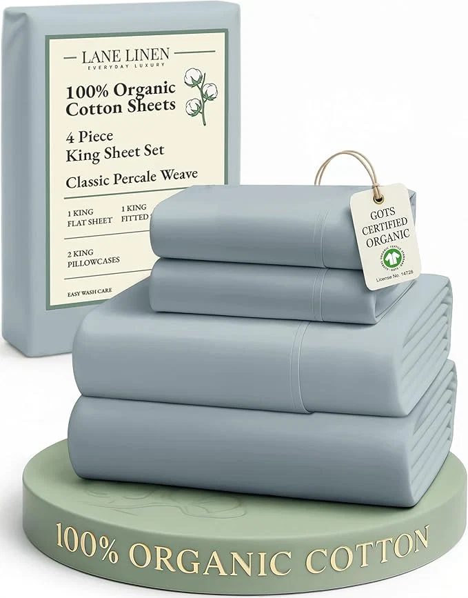Easy-to-Use LANE LINEN Organic Cotton Bed Sheets King Size Soft amp Comfy Fully Elasticized Percale Bedding Sheets amp Pillowcase Set Low Pilling Machine Washable All Season King Sheet- French Blue Sophisticated