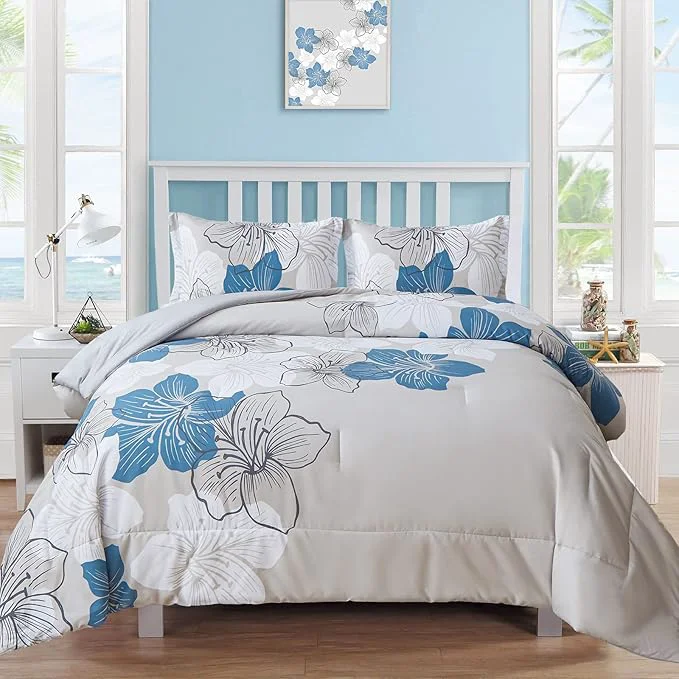 Elegant Menghomeus Floral Comforter Set Full Blue Floral Pattern Printed on Grey Soft Microfiber Bedding Set Lightweight Boho Bed Set for All Season 1 Comforter 2 Pillowcases Enhanced