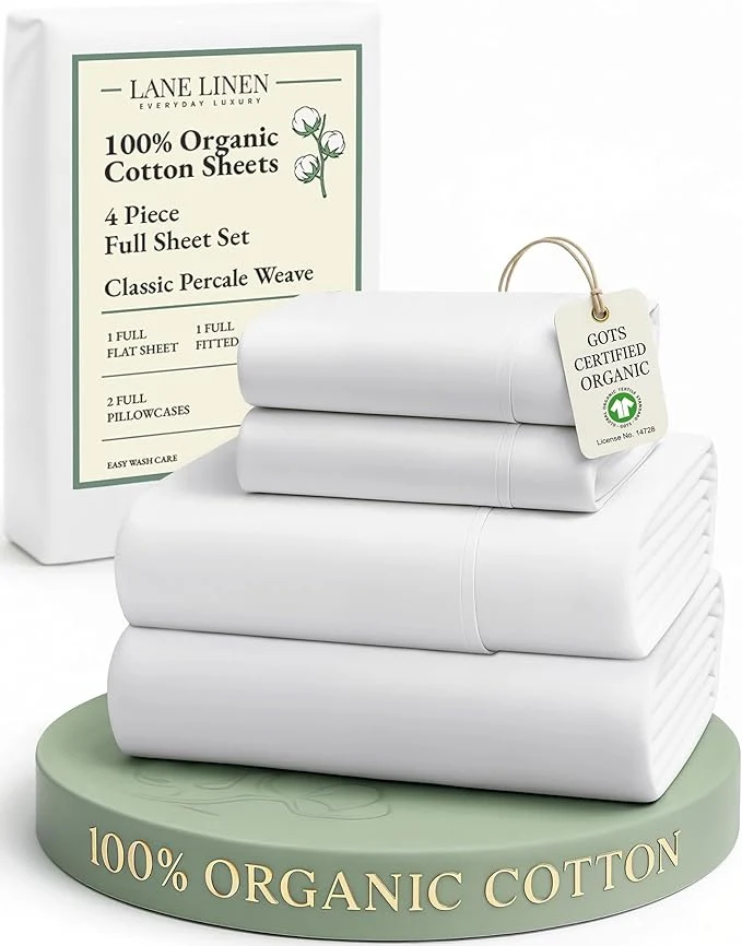 Durable LANE LINEN Organic Mercerized Cotton Pre Washed Full Size Bed Sheets Soft amp Comfy Low Pill Fade Resistance Fully Elasticized Oeko Tex 15 quot Deep Pocket Full Sheet Set – White Eco-Friendly