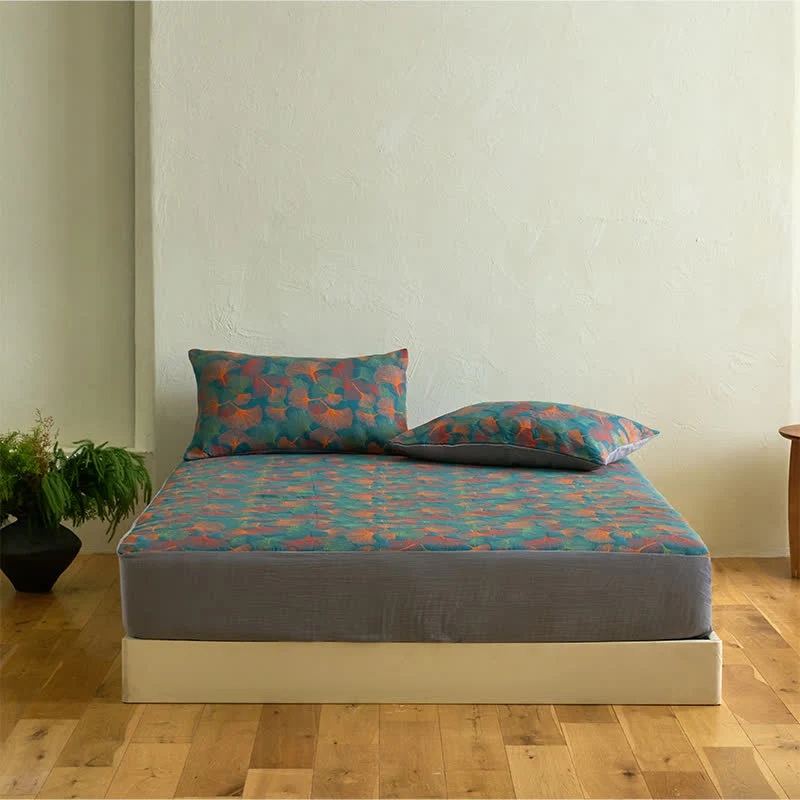 Flexible Ownkoti Ginkgo Leaf Cotton Gauze Fitted Sheet Sustainable