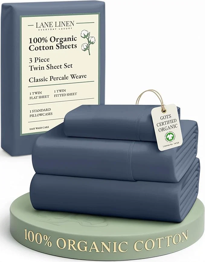 Minimalist LANE LINEN Organic Cotton Twin Bed Sheet Set Luxury Hotel Style Fade Resistant Deep Pocket Machine Washable Twin Size Sheet Set Eco Friendly Mercerized Cotton Sheets- Estate Blue Effective