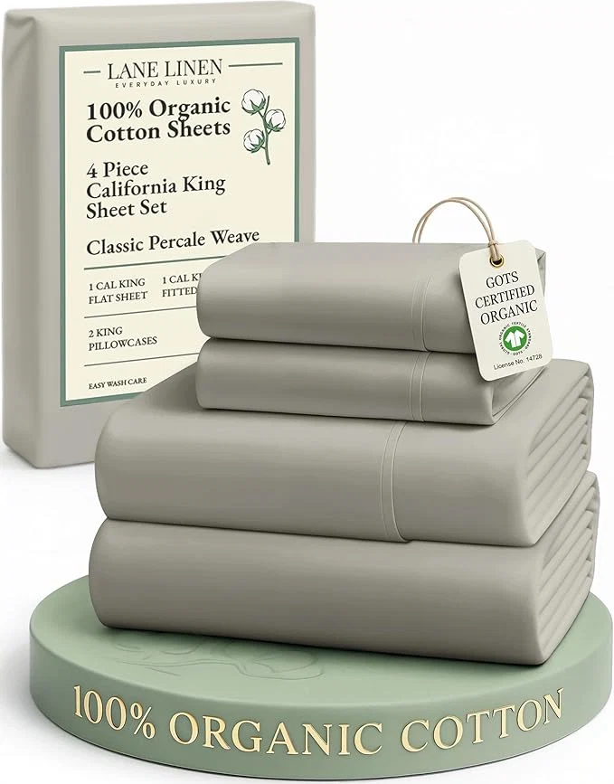 Selected LANE LINEN Organic Cotton California King Sheets Set Fully Elasticized Reinforsed Seams in Fitted Pocket Machine Washable Naturally Cooling All Season Cal King Sheet- Silver Functional