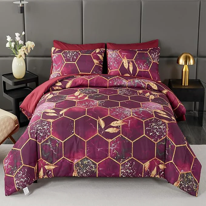 Traditional ANGIYUIN 7Pcs Burgundy and Gold Bed-in-A-Bag Honeycomb Hexagon Full Comforter Sets 3D Geometric Watercolor Comforter Bedding Sets Foil Print Bed Sets with Sheets for All Season Burgundy Full Versatile