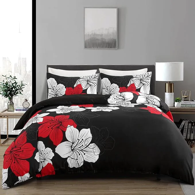 User-Friendly Menghomeus Black Red Comforter Set California King Colorful Floral Comforter Modern Cal King Bedding Sets with 2 Pillowcases Lightweight Boho Bed Set for All Season Innovative