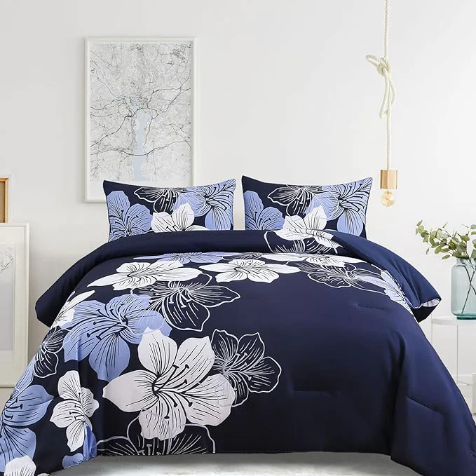 Innovative Menghomeus Queen Comforter Set Navy Blue Floral Bedding Comforter Sets – Soft Microfiber Bed Comforter Set for All Season 3 Piece Botanical Flowers Comforter Pillowcases Powerful