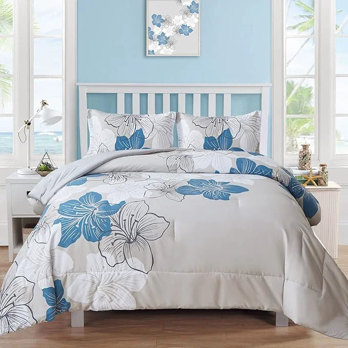 Organic Menghomeus Floral Comforter Set Queen 3 Piece Blue Floral Pattern Printed on Grey Soft Microfiber Bedding Set Lightweight Bed Comforter Set for All Season 1 Comforter 2 Pillowcases Premium Material