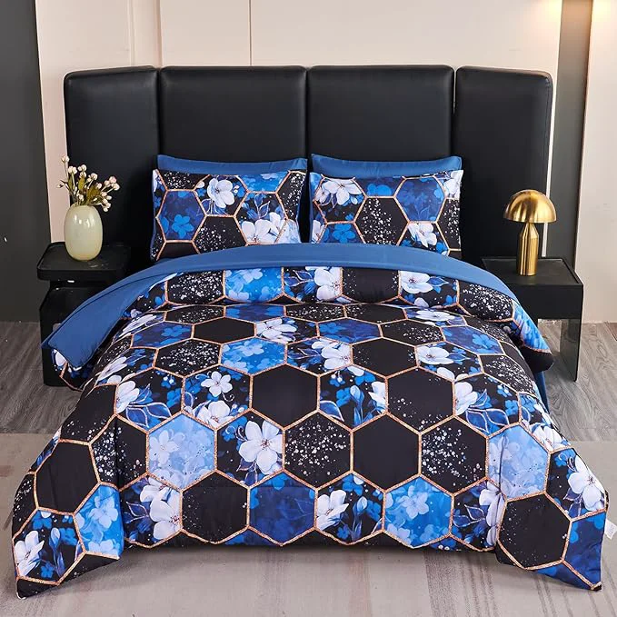 Carefully Designed ANGIYUIN 7 Pieces Blue Black Marble Queen Bed in A Bag White Flowers Comforter Sets Gold Geometric Honeycomb Bedding Sets for Women Men Original Design