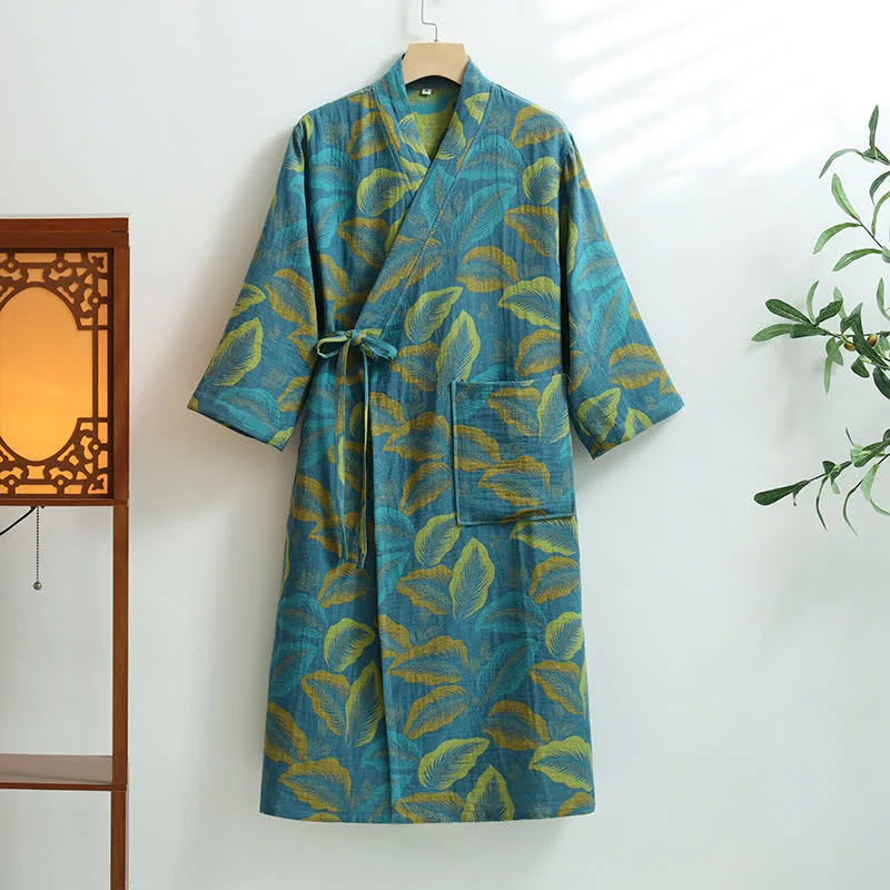 Pure Ownkoti Tropical Leave Cotton Gauze Pocket Bathrobe Reusable