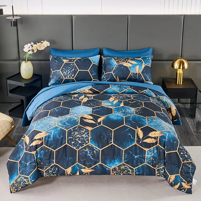 High-End ANGIYUIN Blue Gold Marble California King Bedding Sets for Women Men 7Pcs Geometric Hexagon Theme with Gold Leaves Bed in A Bag with Sheets Watercolor Honeycomb Soft Bedding Comforter Set Healthy