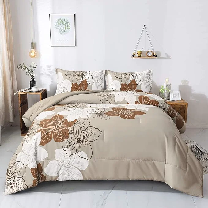 Stylish Menghomeus Brown Comforter Set King Taupe Floral Comforter Botanical Bedding Sets Soft Bed Comforter Set for All Season 1 Comforter 2 Pillowcases Carefully Designed