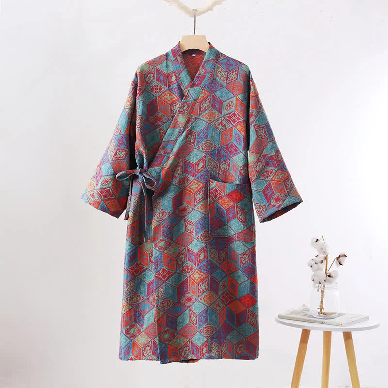 Professional Ownkoti Retro Geometric Diamond Cotton Gauze Bathrobe Efficient