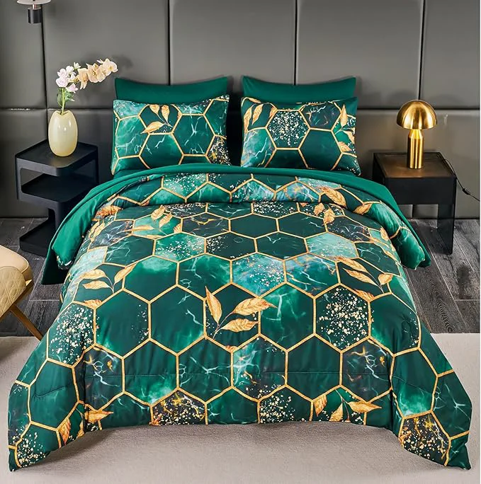 Healthy ANGIYUIN 7 Pieces Emerald Green Gold Comforter Set California King Size Marble Watercolor Bed in A Bag for Women Men Geometric Hexagon Gold Leaves Bedding Sets for All Season Specialty