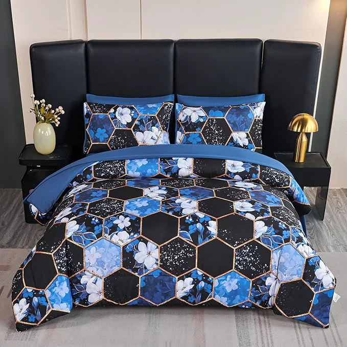 Excellent ANGIYUIN 7Pcs Blue Black Cal-King Size Comforter Sets Marble Bedding Sets White Flowers Print Bed in A Bag Soft Farmhouse Bedding Comforter Sets for Women Men Eco-Friendly