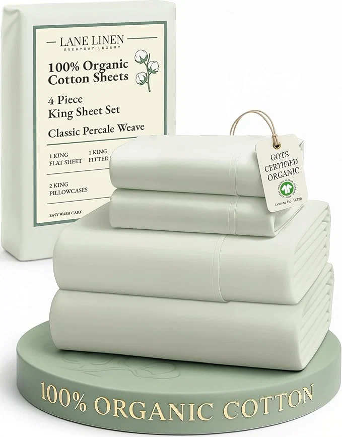 Premium Material LANE LINEN Organic Cotton King Bed Sheet Set Bedsheets 4Pc Soft Cooling Fully Elasticized Mercerised All Season Sustainably Produced Cotton Sheets King Size Oeko Tex Sheets – Mineral High-Quality