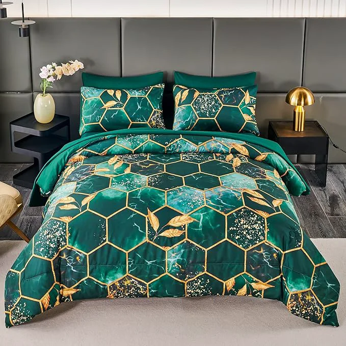Genuine ANGIYUIN Emerald Green Printed Marble Comforter Set Queen 7Pcs Geometric Hexagon Theme with Gold Leaf Bed in A Bag Modern Foil Print Bedding Sets with Sheets Pillowcases Green Queen Breathable