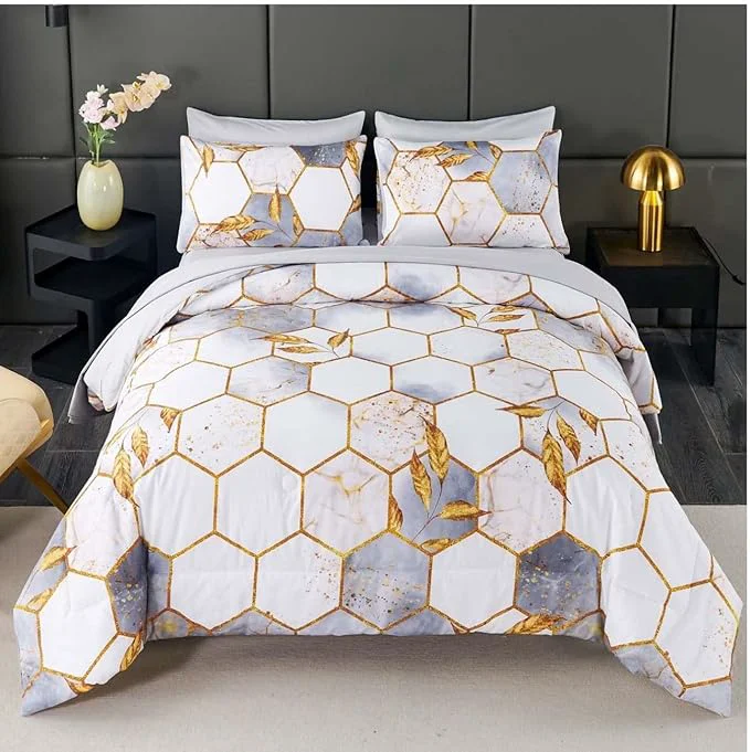 Green ANGIYUIN 7 Pcs White Marble Bedding Comforter Set California King Hexagon Honeycomb with Gold Trims Comforter Set Soft Lightweight Watercolor Bed in A Bag for Women Men Functional