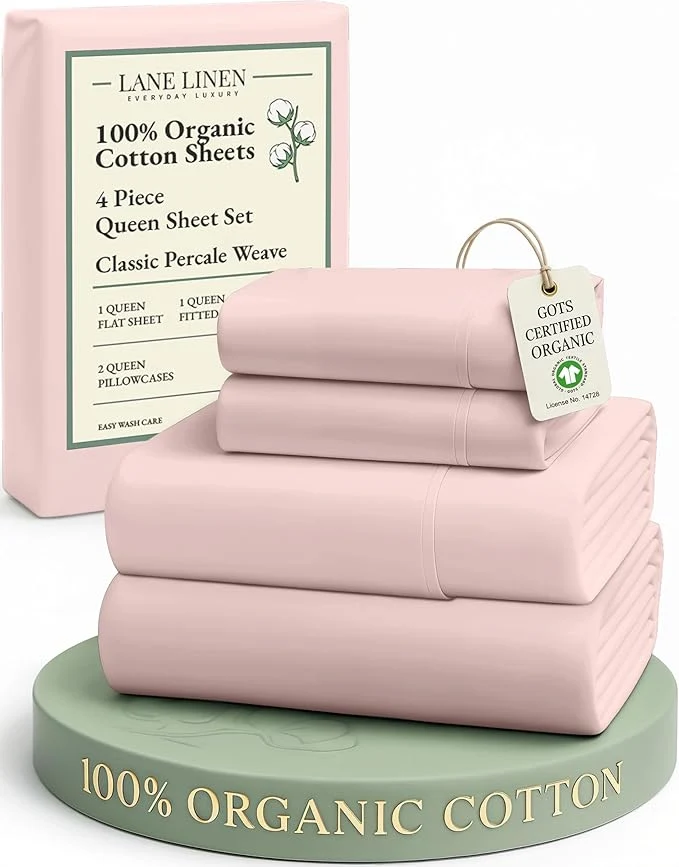 Soft LANE LINEN Eco Friendly Organic Cotton Sheets Queen Size Mercerized Cotton Fully Elasticized Reinforced Seams Low Pill Fade Resistant Hotel Luxury Bed Sheets Set- Dusty Rose Casual
