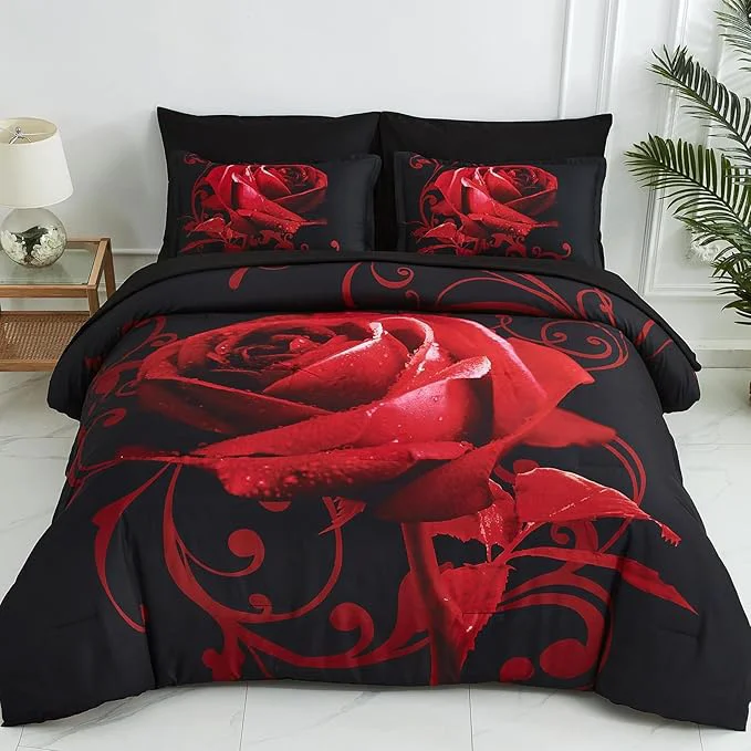 Clean Red Comforter Set Queen 7 Piece Bed in a Bag Red Rose Flower Comforter with Sheet Set Soft Micorfiber Reversible Bedding Set 1 Comforter 2 Pillow Shams 1 Flat Sheet 1 Fitted Sheet 2 Pillowcases Crafted