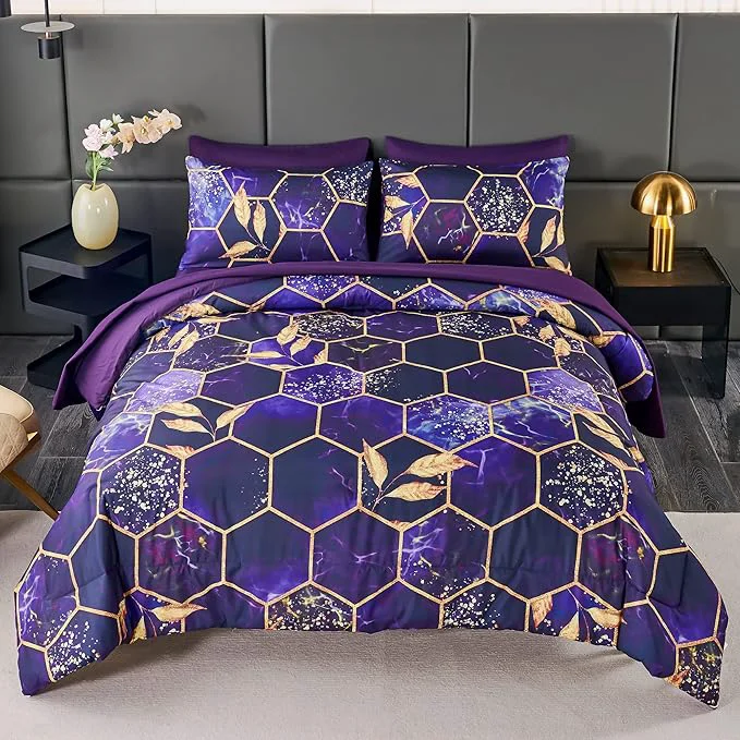 Smooth ANGIYUIN 7Pcs Mable Bed in A Bag Purple Gold Queen Comforter Set 3D Geometric Honeycomb Theme Decor Yellow Leaf Bedding Set Modern Foil Print Bed Sets with Comforter and Sheets Purple Queen Effective