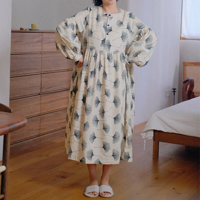 Reliable Ownkoti Brushed Cotton Ginkgo Leaf Button Nightgown Relaxed