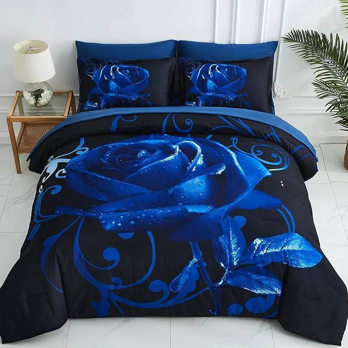 First-Class Xruibed Blue Comforter Set King 7 Piece Bed in a Bag Blue Rose Comforter with Sheet Set Soft Micorfiber Reversible Bedding Set 1 Comforter 2 Pillow Shams 1 Flat Sheet 1 Fitted Sheet 2 Pillowcases Pure