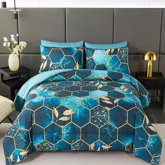 Refined ANGIYUIN Teal and Gold Honeycomb Full Comforter Set 7Pcs Geometric Hexagon Bedding Decor Gold Trim Bed in A Bag Watercolor Foil Print Bed Comforter Sets with Sheets Pillowcases Teal Full Excellent