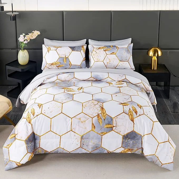 ANGIYUIN 7 Pieces White and Gold Comforter Set King Geometric Bed Comforter Set Foil Print Bed Set with Sheets Ultra Soft Lightweight Bed in A Bag for All Season White King Carefully Designed