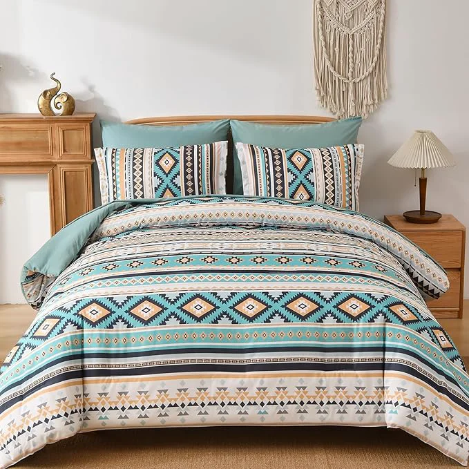 Soft Dinjoy Turquoise Boho Comforter Set Queen Size 7 Pieces Bed in a Bag Queen Aztec Bedding with Sheets Bohemian Geometric Striped Complete Set for Spring Summer Fall Winter 90 quot x90 quot Fast