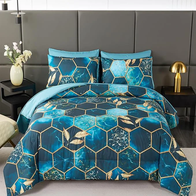 Original ANGIYUIN Turquoise Gold Hexagon Queen Comforter Set 7Pcs Honeycomb Bed in A Bag Marble Printed Bed Sets Gold Trim Bedding Comforter Sets Foil Print Bedding Sets with Sheets Pillowcases Teal Queen Easy-to-Use