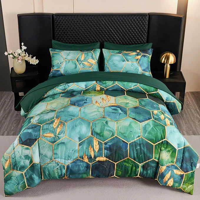 Optimized ANGIYUIN 7Pcs Teal Green Marble Comforter Set Full Watercolor Gold Bedding Set Geometric Honeycomb Printed Bed Sets Luxury Gold Leaves Bed in A Bag for Women Men Full Teal Green Dependable