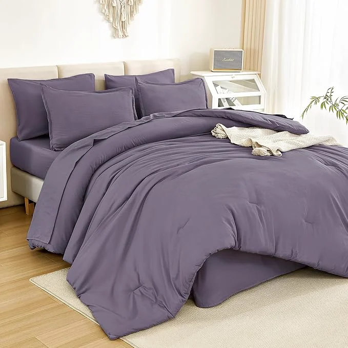 Excellent Litanika King Size Comforter Set Grey Purple – 7 Pieces Bed in a Bag King Bedding Comforter Sets Solid Lightweight Bed Set with Comforter Sheets Pillowcases amp Shams Premium