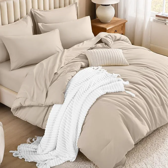 Traditional Litanika Comforter Full Size Set Khaki – 7 Pieces Bed in a Bag Full Bedding Comforter Sets Plain Lightweight Bed Set with Comforter Sheets Pillowcases amp Shams Original Design
