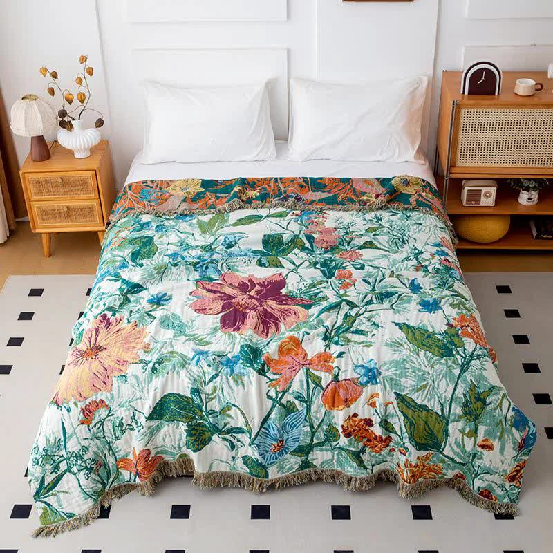 Powerful Ownkoti Green Field Flower Cotton Tassel Quilt Comfortable