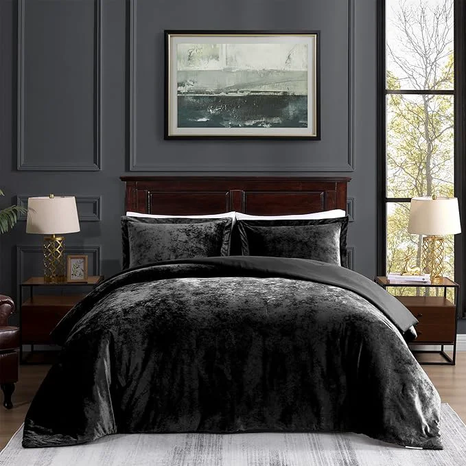 Powerful TAMGHO Crushed Velvet Comforter King Black King Size Bedding for All Seasons Luxury Soft 3pc Bed Set 1 King Comforter 108 quot x96 quot and 2 King Pillow Shams 20 quot x36 quot Verified