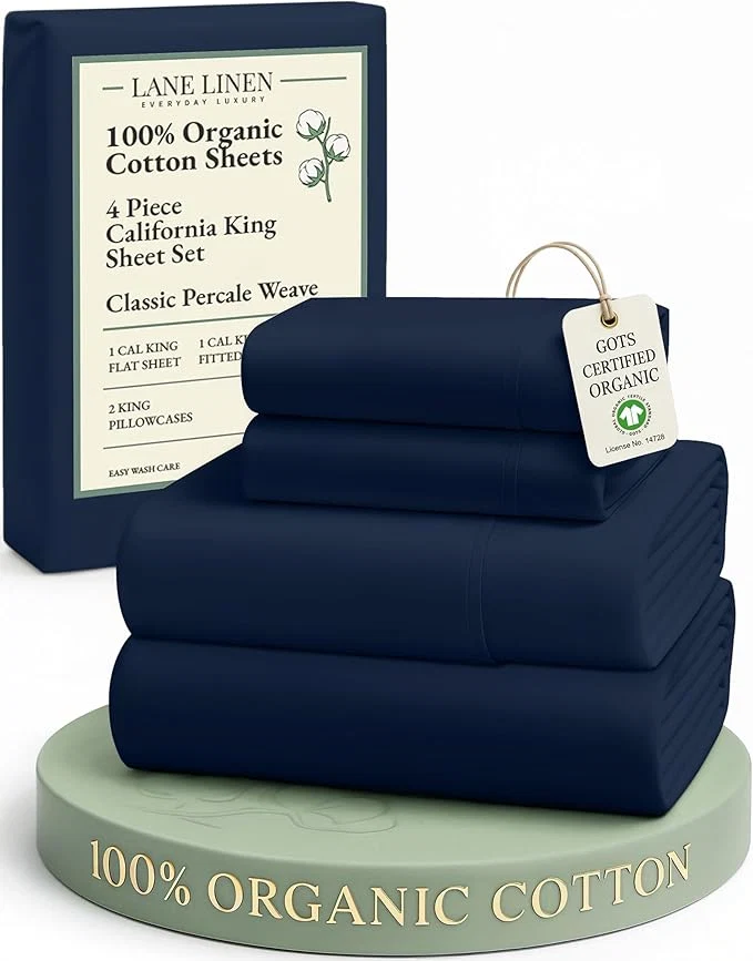 Modern LANE LINEN Organic Cotton California King Bed Sheets 4-Piece Pure Percale Sheets Soft Breathable Cotton Bed Sheets Deep Cal King Sheets for Thick Mattress – Navy Green