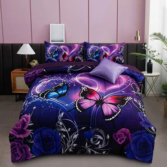 Classic A Nice Night Galaxy 6pcs Bed in A Bag Purple and Blue Dreamy 3D Butterfly Printed Butterflies Bedding Queen Comforter Set for Girls Kids Teens Crafted