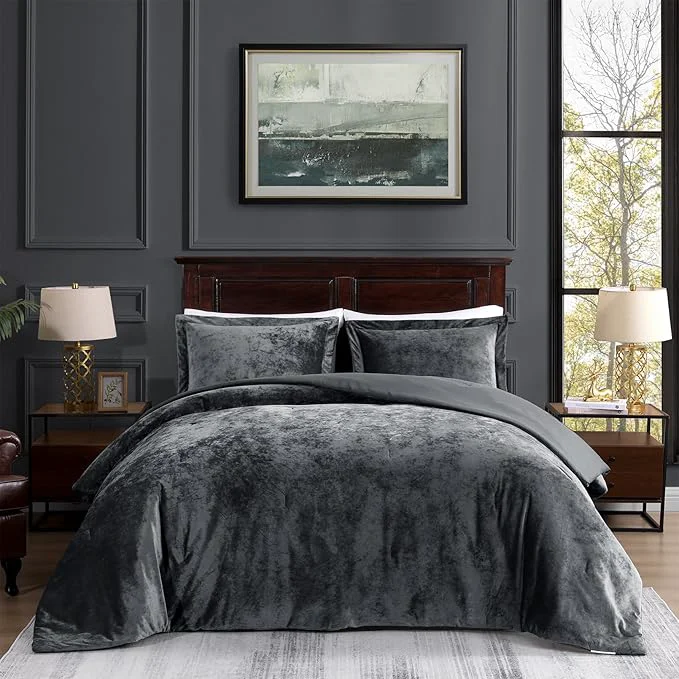 Flexible TAMGHO Velvet Comforter Queen – Grey Soft Crushed Velvet 3pc Bedding Set 92 quot x96 quot Comforter 2×20 x26 Shams All-Season amp Easy Care Soft Neutral Color Velvet Texture Refined