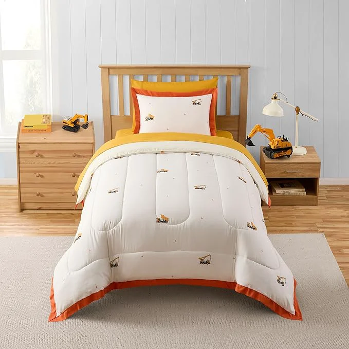 Sustainable Construction Bedding Set Twin Size – Bed in a Bag with Sheets Pillowcases amp Shams – Soft Construction Bedding Comforter Set with Dump Trucks Cranes amp Bulldozers – Fun Kids Construction Bedroom Decor High-Performance