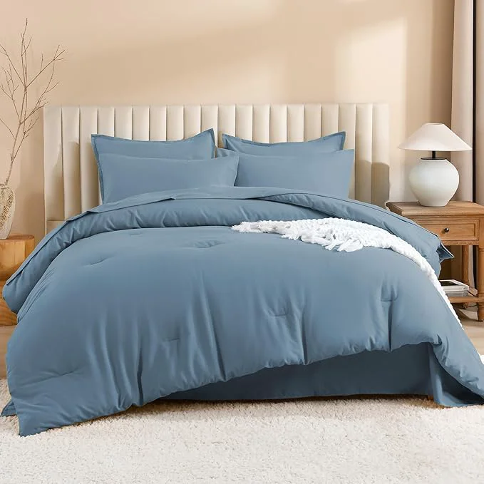 Casual Litanika Comforter Queen Size Set Grayish Blue – 7 Pieces Bed in a Bag Queen Bedding Comforter Sets Plain Lightweight Bed Set with Comforter Sheets Pillowcases amp Shams Trusted