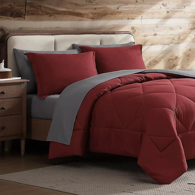 Lightweight Coleman Twin XL Comforter Set Reversible Bed-in-a-Bag– Double-Sided Color Options All-Season Comforter Shams Sheets – for Home Cabin or Camp Use Burgundy Gray Safe