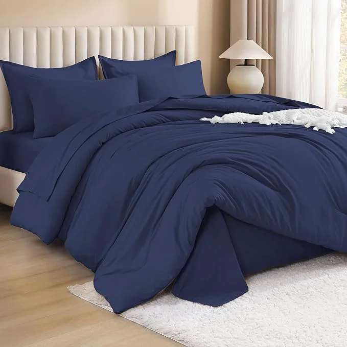 Fine Crafted Litanika Full Size Comforter Sets Navy Blue – 7 Pieces Bed in a Bag Full Bedding Comforter Sets Solid Lightweight Bed Set with Comforter Sheets Pillowcases amp Shams Contemporary
