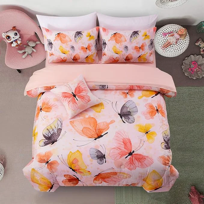 Smart A Nice Night 6pcs Bed in A Bag Watercolor Ink Wash Tie-Dye Butterfly Printed Butterflies Bedding Comforter Set Orange Queen Specialty