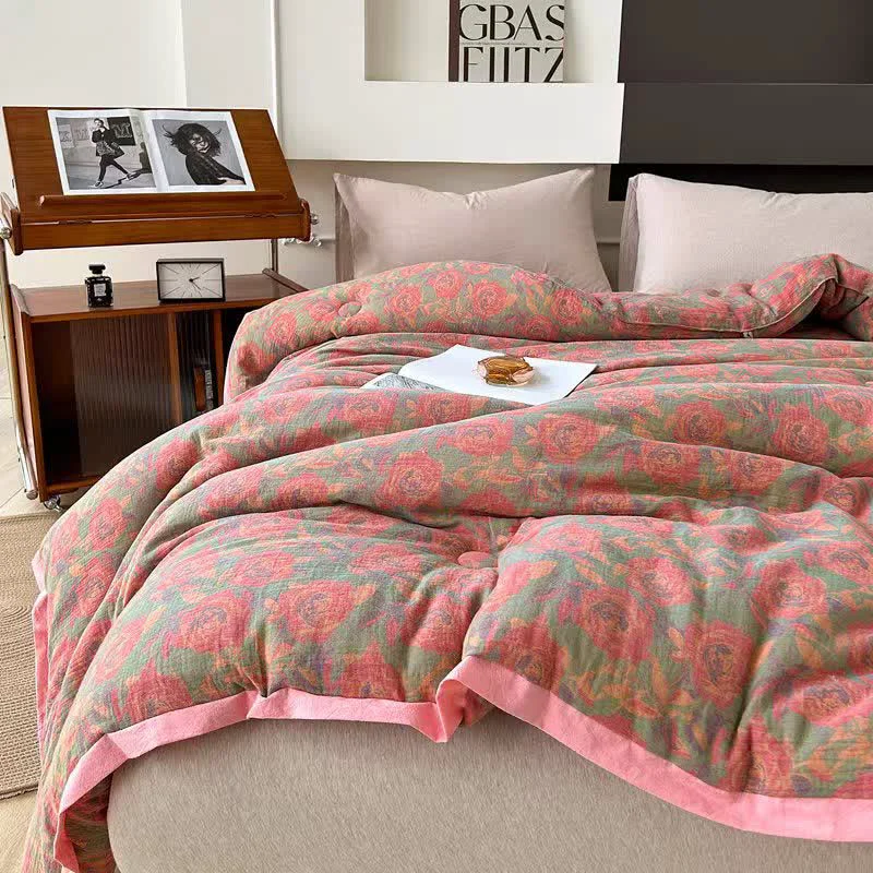 Easy-to-Use Ownkoti Pink Rose Cotton Gauze Jacquard Quilt Lightweight