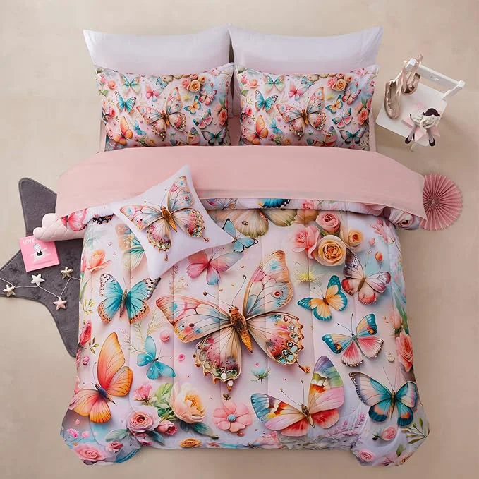 Advanced A Nice Night Queen 6pcs Bed in A Bag Pink and Blue Dreamy 3D Various Butterfly Printed Colorful Butterflies Flying in Flower Design Bedding Full Comforter Set for Girls Kids Teens Clean