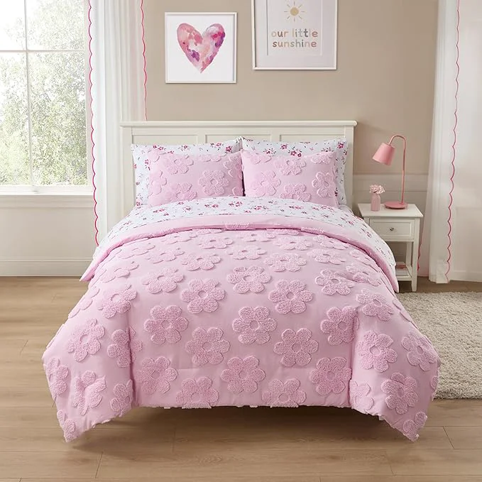 Functional Kids Full Size Bed in a Bag Tufted Comforter amp Sheet Set – Complete Bedding Set with Corner Strap Fitted Sheet Ultra Soft Lightweight All Season Comforter Girls Bedroom Dorm Guest Room Trusted