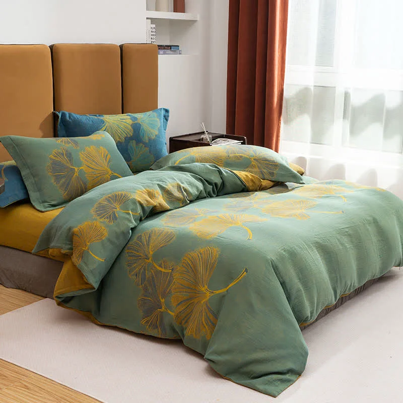 Green Ownkoti Ginkgo Jacquard Cotton Reversible Bedding Set 4PCS Fine Crafted
