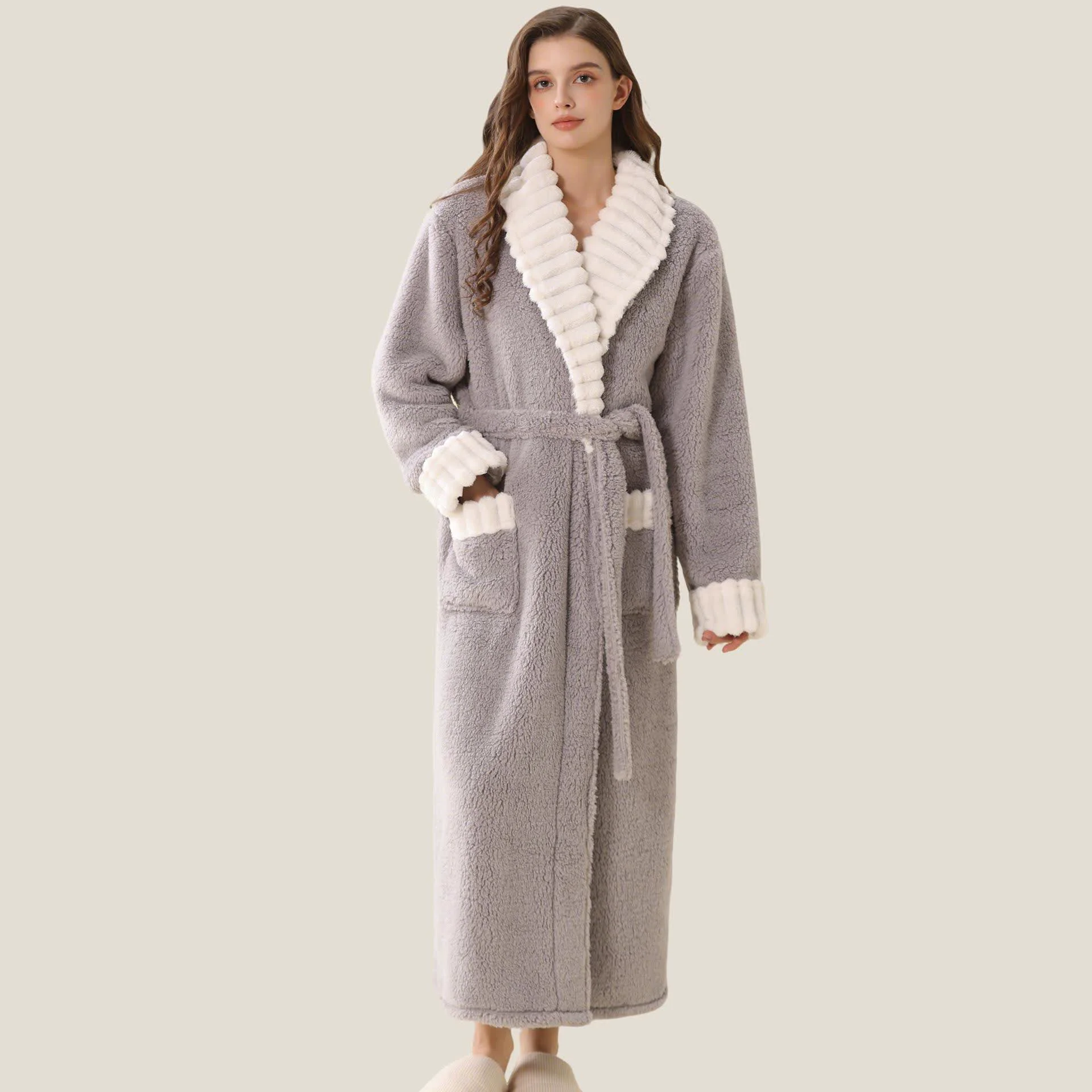 Premium Material Ownkoti Long Plush Fleece Bathrobe with Pockets Practical