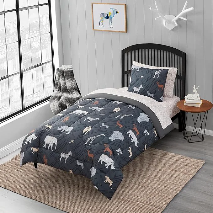 Lightweight Kids Bedding Set Bed in a Bag for Boys and Girls Toddlers Printed Sheet Set and Comforter Twin Safari Certified